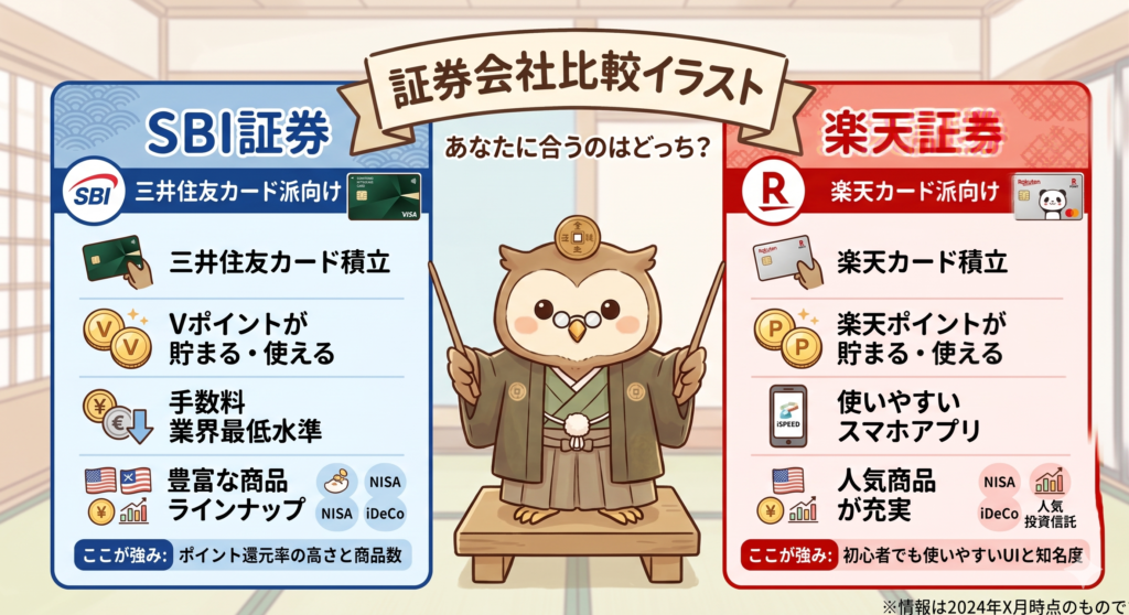 SBI証券と楽天証券の比較イラスト｜銭先生が解説